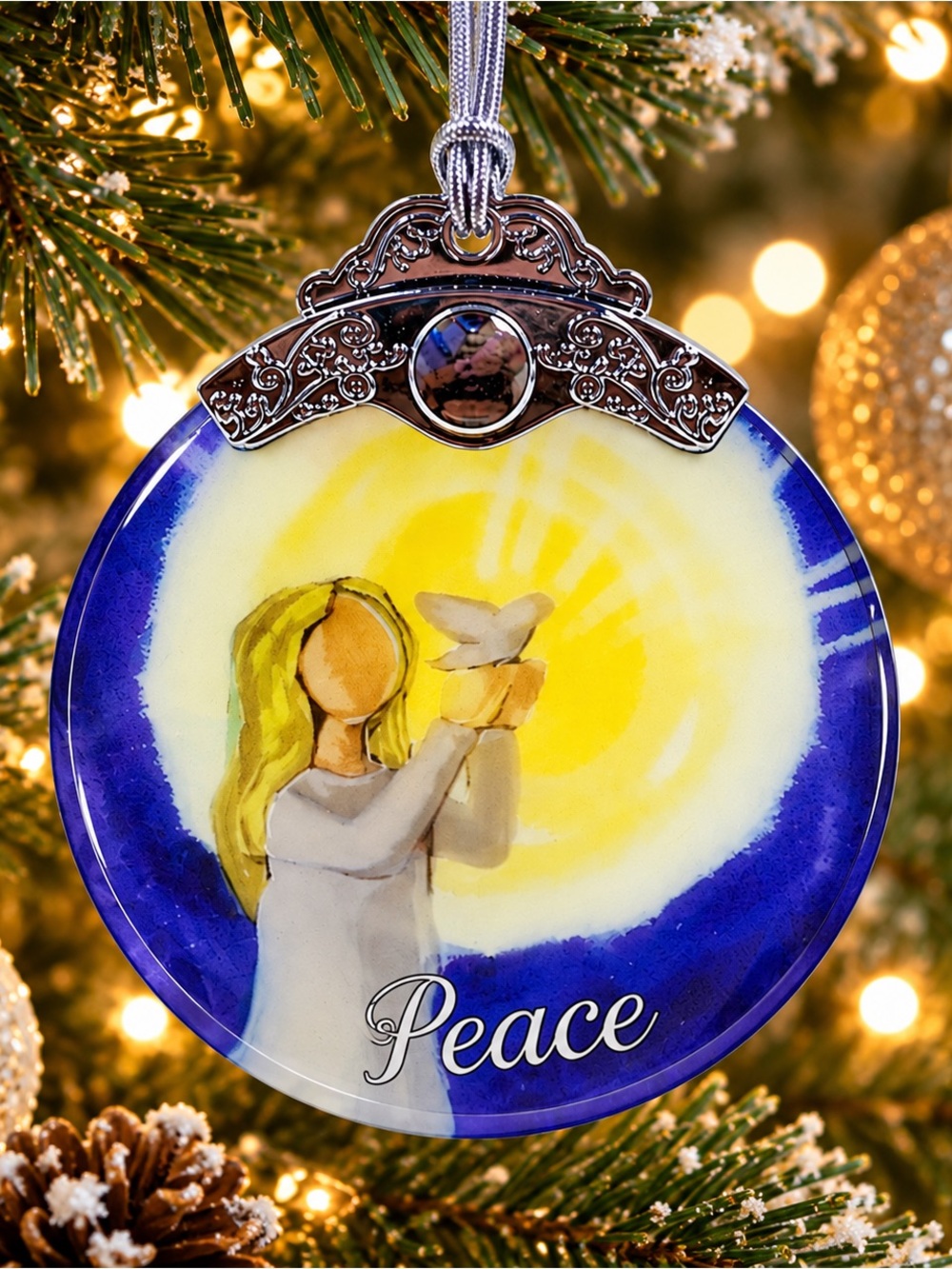 Stained Glass Round Frosted Angel Ornament Christmas Tree Holiday Gift Peace NIB